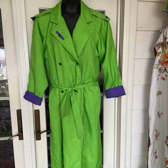 Vintage Green and purple Gallery trench coat with sash. Size 12.Good condition. - Picture 1 of 11